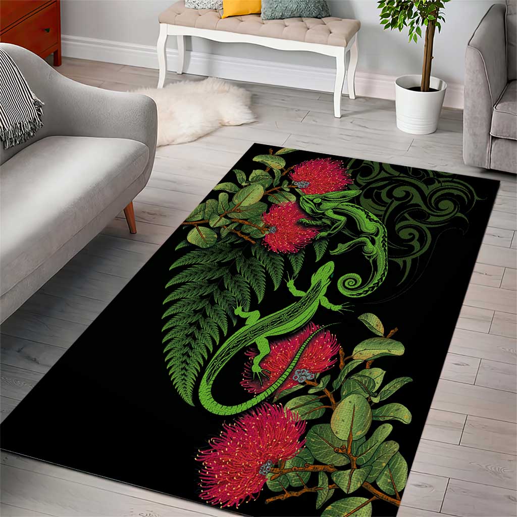 New Zealand Chameleon and Gecko Area Rug Maori Silver Fern and Pohutukawa Decoration