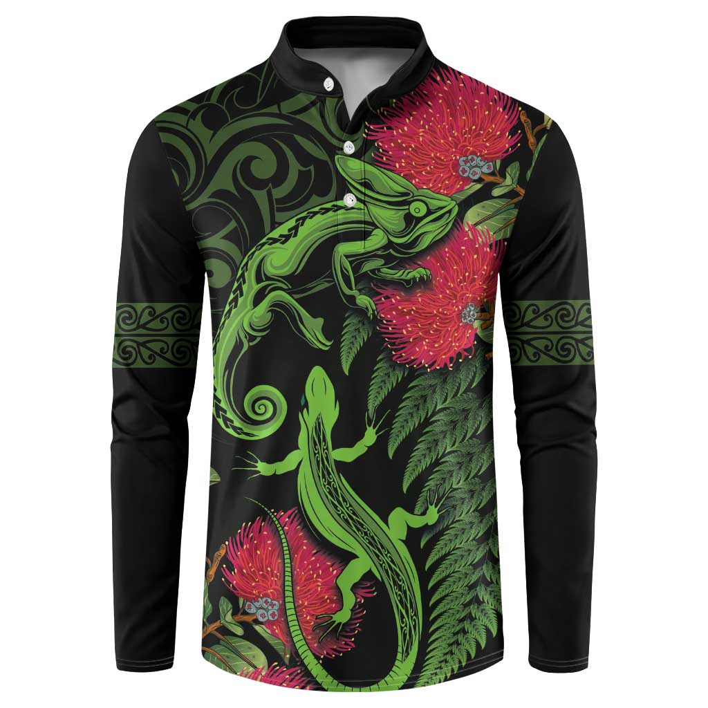 New Zealand Chameleon and Gecko Button Sweatshirt Maori Silver Fern and Pohutukawa Decoration LT03 Green - Polynesian Pride