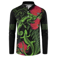 New Zealand Chameleon and Gecko Button Sweatshirt Maori Silver Fern and Pohutukawa Decoration LT03 Green - Polynesian Pride