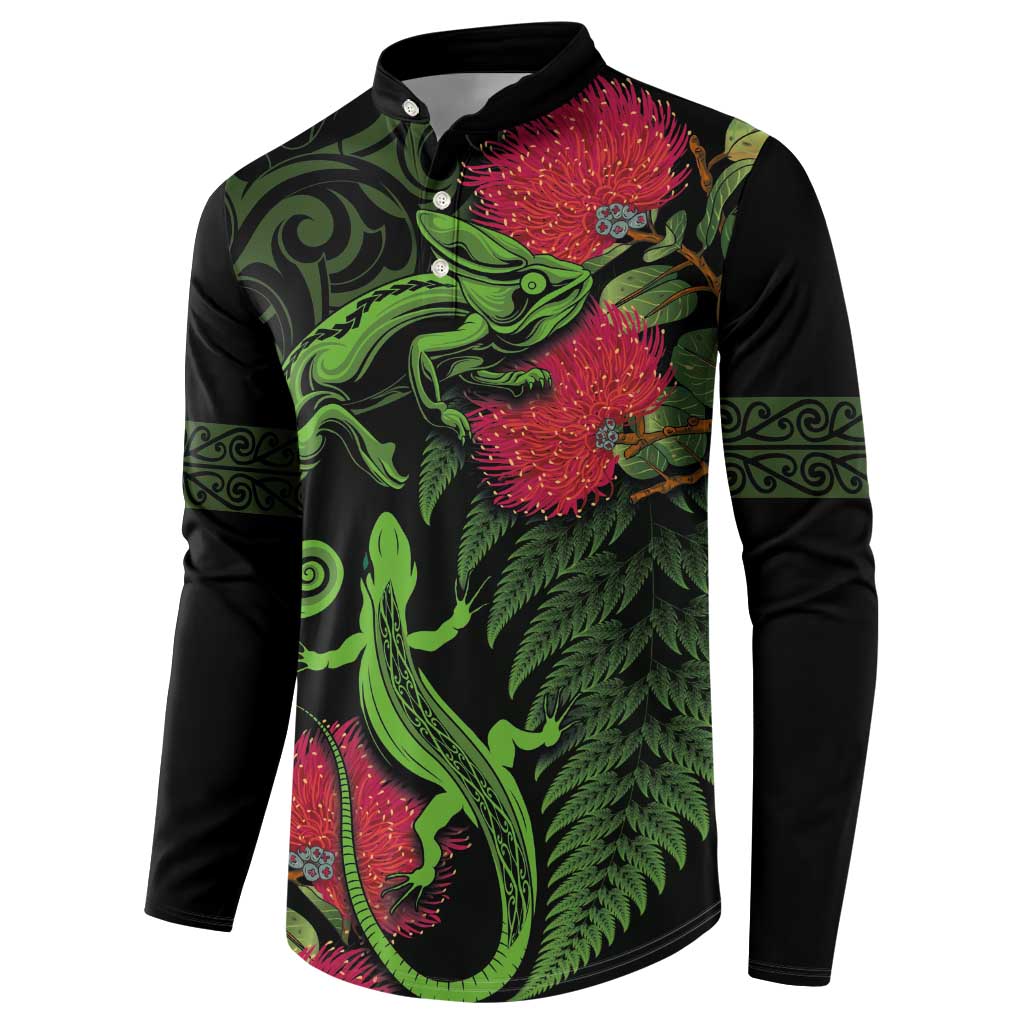 New Zealand Chameleon and Gecko Button Sweatshirt Maori Silver Fern and Pohutukawa Decoration LT03 - Polynesian Pride