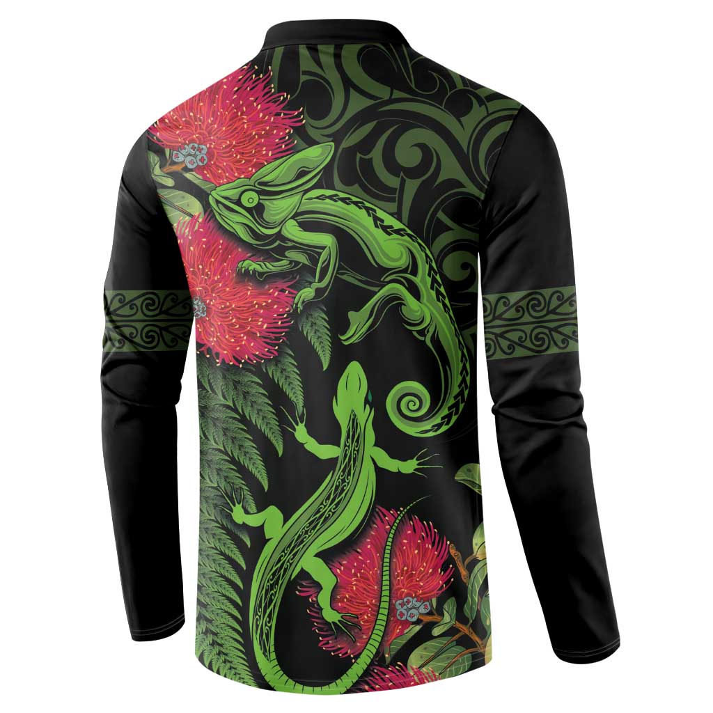 New Zealand Chameleon and Gecko Button Sweatshirt Maori Silver Fern and Pohutukawa Decoration LT03 - Polynesian Pride