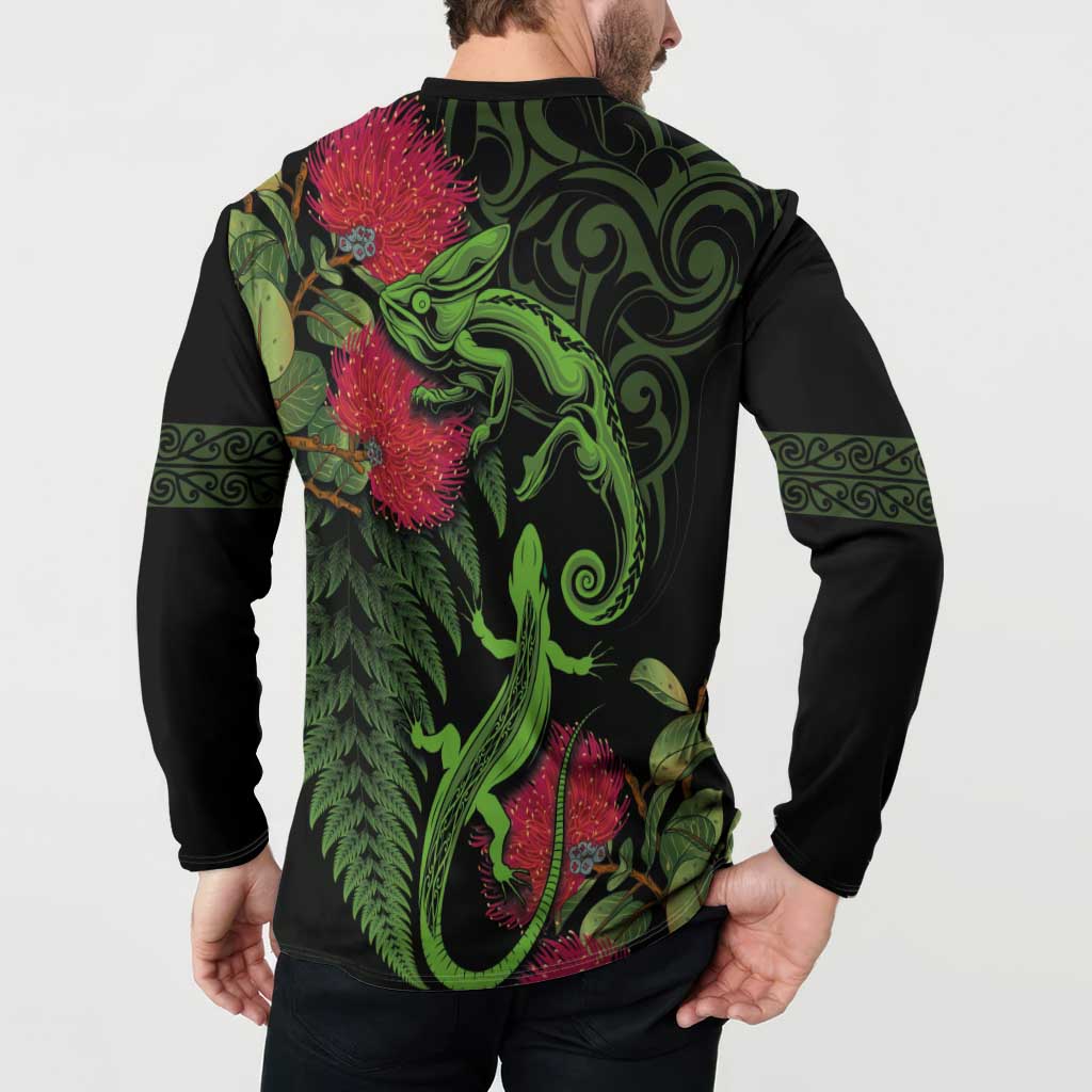 New Zealand Chameleon and Gecko Button Sweatshirt Maori Silver Fern and Pohutukawa Decoration LT03 - Polynesian Pride