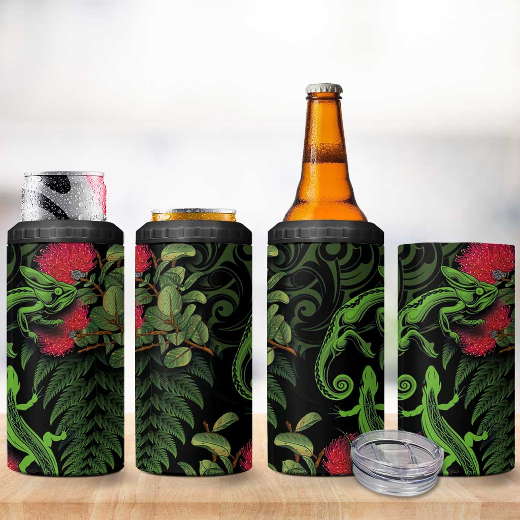 New Zealand Chameleon and Gecko 4 in 1 Can Cooler Tumbler Maori Silver Fern and Pohutukawa Decoration