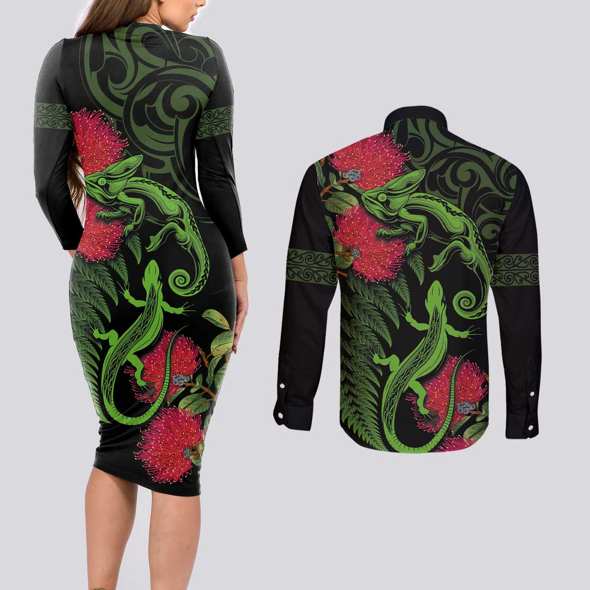 New Zealand Chameleon and Gecko Couples Matching Long Sleeve Bodycon Dress and Long Sleeve Button Shirt Maori Silver Fern and Pohutukawa Decoration