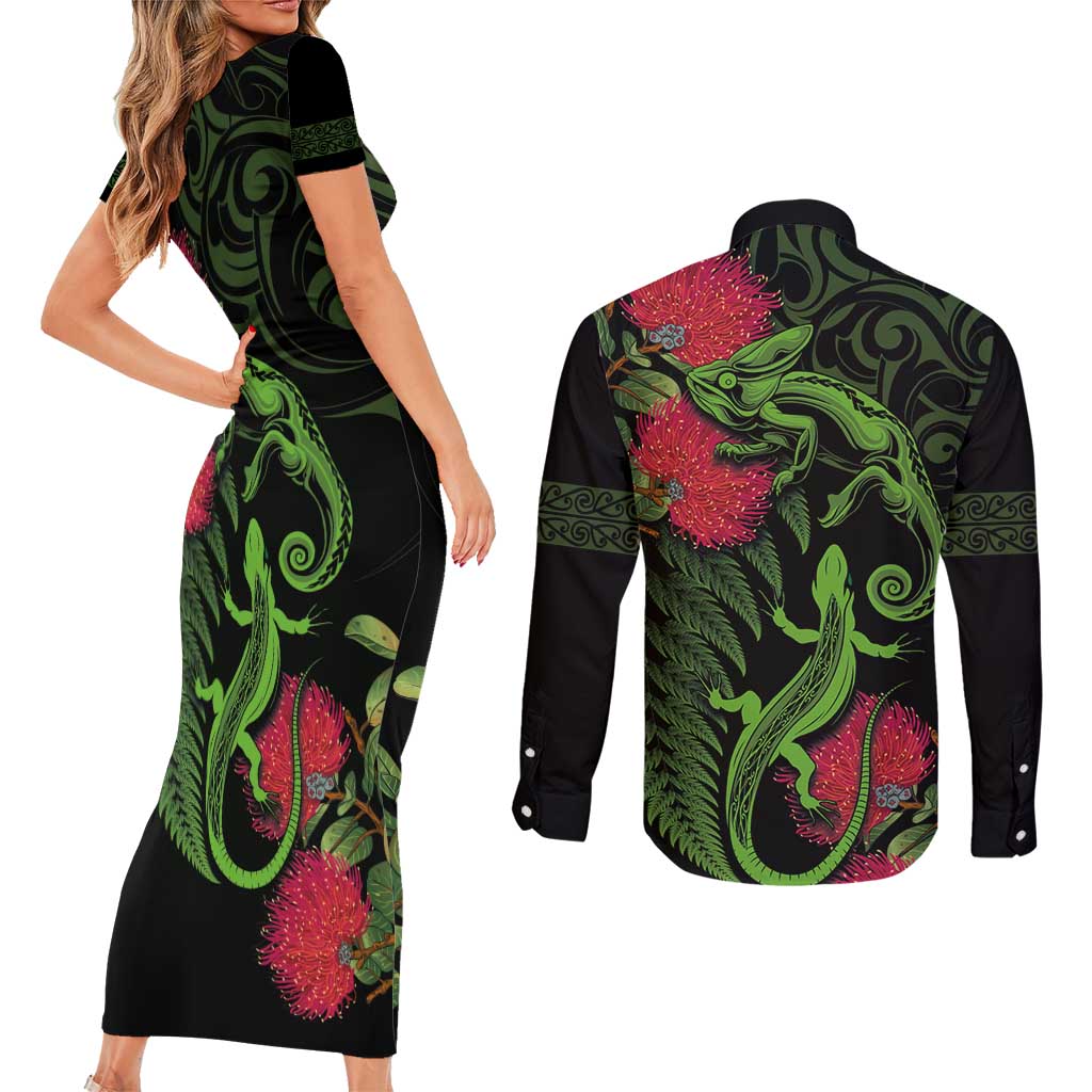 New Zealand Chameleon and Gecko Couples Matching Short Sleeve Bodycon Dress and Long Sleeve Button Shirt Maori Silver Fern and Pohutukawa Decoration