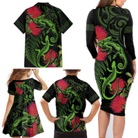 New Zealand Chameleon and Gecko Family Matching Long Sleeve Bodycon Dress and Hawaiian Shirt Maori Silver Fern and Pohutukawa Decoration LT03 - Polynesian Pride