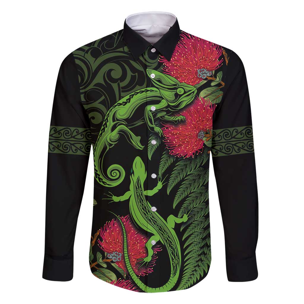 New Zealand Chameleon and Gecko Family Matching Long Sleeve Bodycon Dress and Hawaiian Shirt Maori Silver Fern and Pohutukawa Decoration LT03 Dad's Shirt - Long Sleeve Green - Polynesian Pride