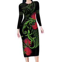New Zealand Chameleon and Gecko Family Matching Long Sleeve Bodycon Dress and Hawaiian Shirt Maori Silver Fern and Pohutukawa Decoration LT03 Mom's Dress Green - Polynesian Pride