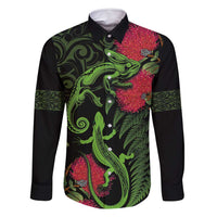 New Zealand Chameleon and Gecko Family Matching Mermaid Dress and Hawaiian Shirt Maori Silver Fern and Pohutukawa Decoration LT03 Dad's Shirt - Long Sleeve Green - Polynesian Pride