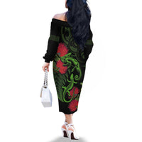 New Zealand Chameleon and Gecko Family Matching Off The Shoulder Long Sleeve Dress and Hawaiian Shirt Maori Silver Fern and Pohutukawa Decoration