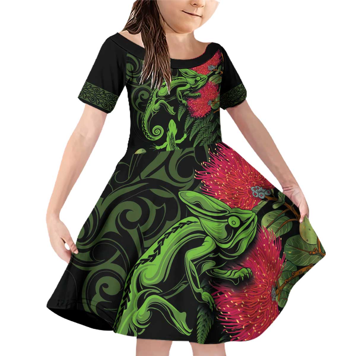 New Zealand Chameleon and Gecko Family Matching Off Shoulder Short Dress and Hawaiian Shirt Maori Silver Fern and Pohutukawa Decoration