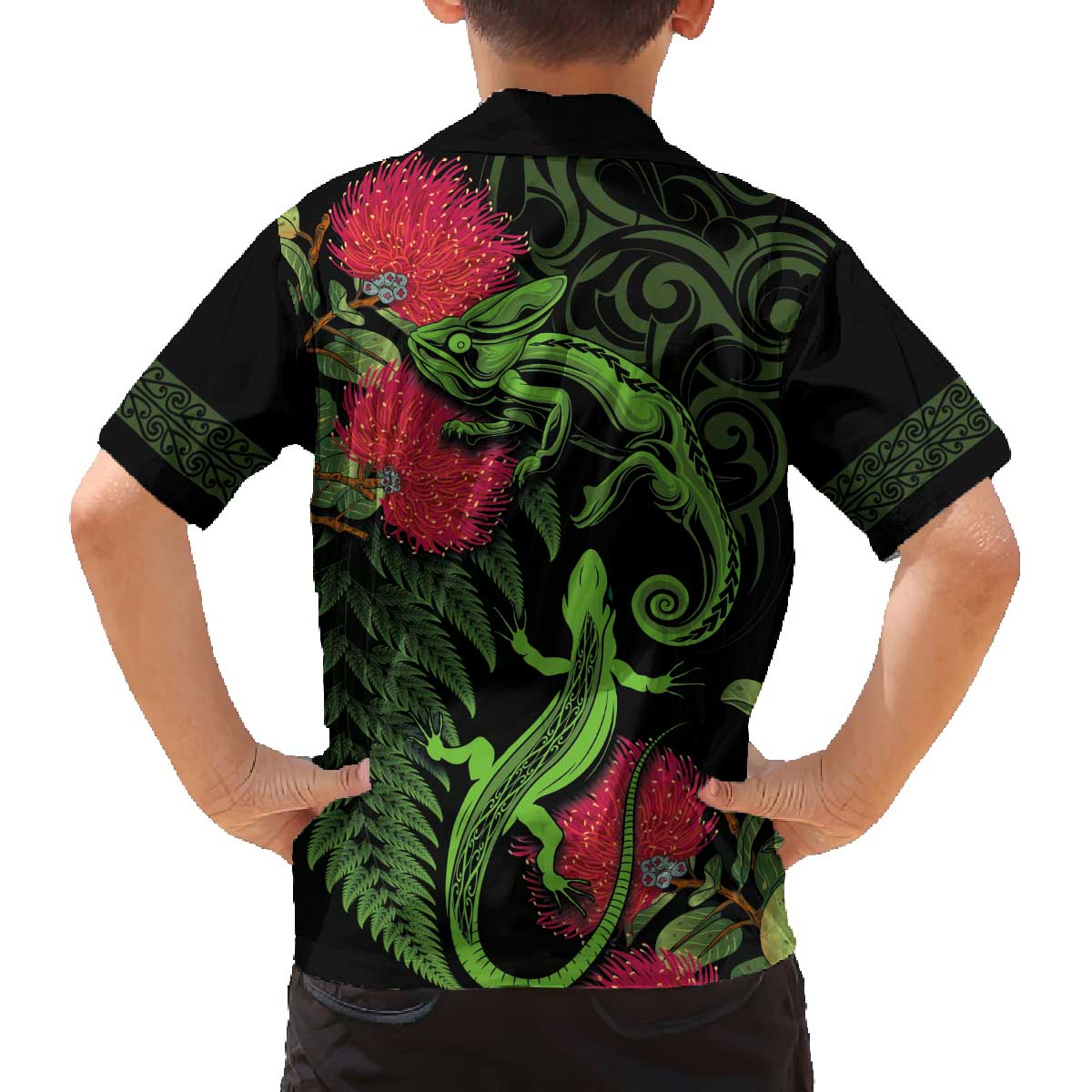 New Zealand Chameleon and Gecko Family Matching Puletasi and Hawaiian Shirt Maori Silver Fern and Pohutukawa Decoration LT03 - Polynesian Pride