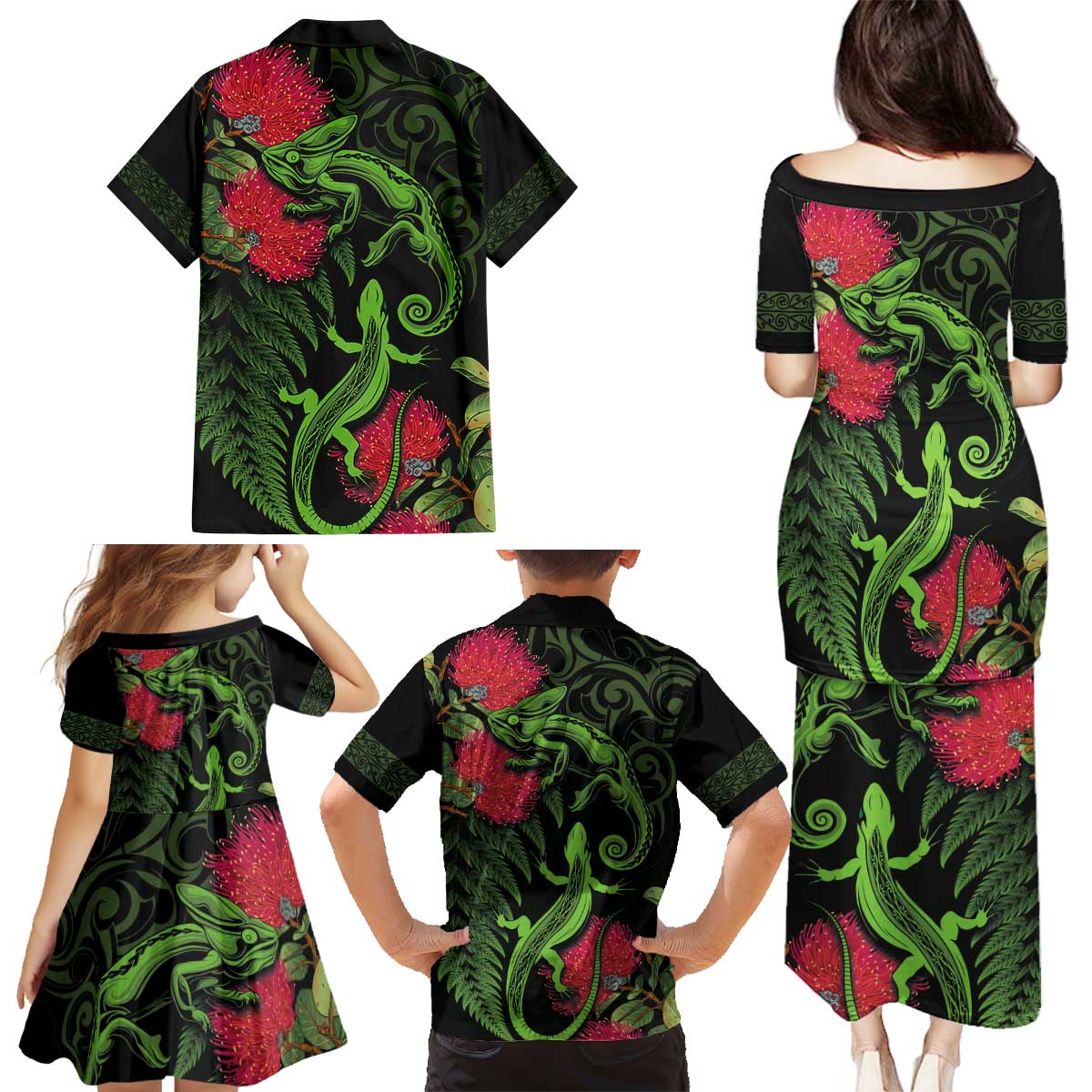 New Zealand Chameleon and Gecko Family Matching Puletasi and Hawaiian Shirt Maori Silver Fern and Pohutukawa Decoration LT03 - Polynesian Pride
