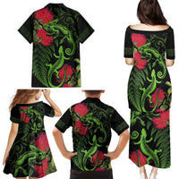 New Zealand Chameleon and Gecko Family Matching Puletasi and Hawaiian Shirt Maori Silver Fern and Pohutukawa Decoration LT03 - Polynesian Pride