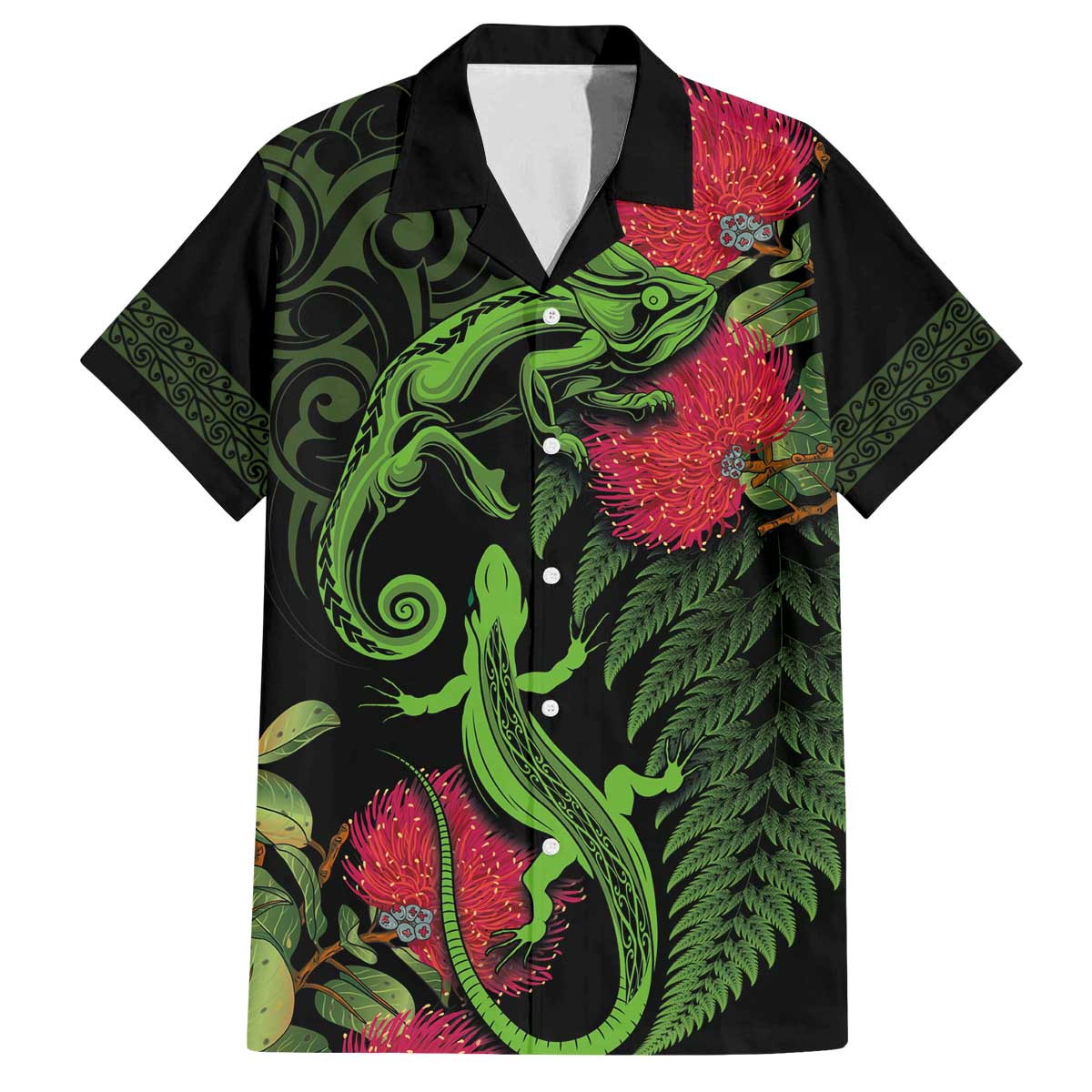 New Zealand Chameleon and Gecko Family Matching Puletasi and Hawaiian Shirt Maori Silver Fern and Pohutukawa Decoration LT03 Dad's Shirt - Short Sleeve Green - Polynesian Pride