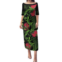 New Zealand Chameleon and Gecko Family Matching Puletasi and Hawaiian Shirt Maori Silver Fern and Pohutukawa Decoration LT03 Mom's Dress Green - Polynesian Pride