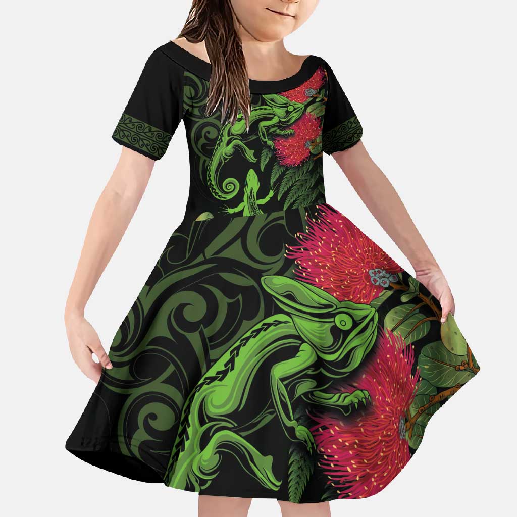 New Zealand Chameleon and Gecko Family Matching Short Sleeve Bodycon Dress and Hawaiian Shirt Maori Silver Fern and Pohutukawa Decoration LT03 Daughter's Dress Green - Polynesian Pride