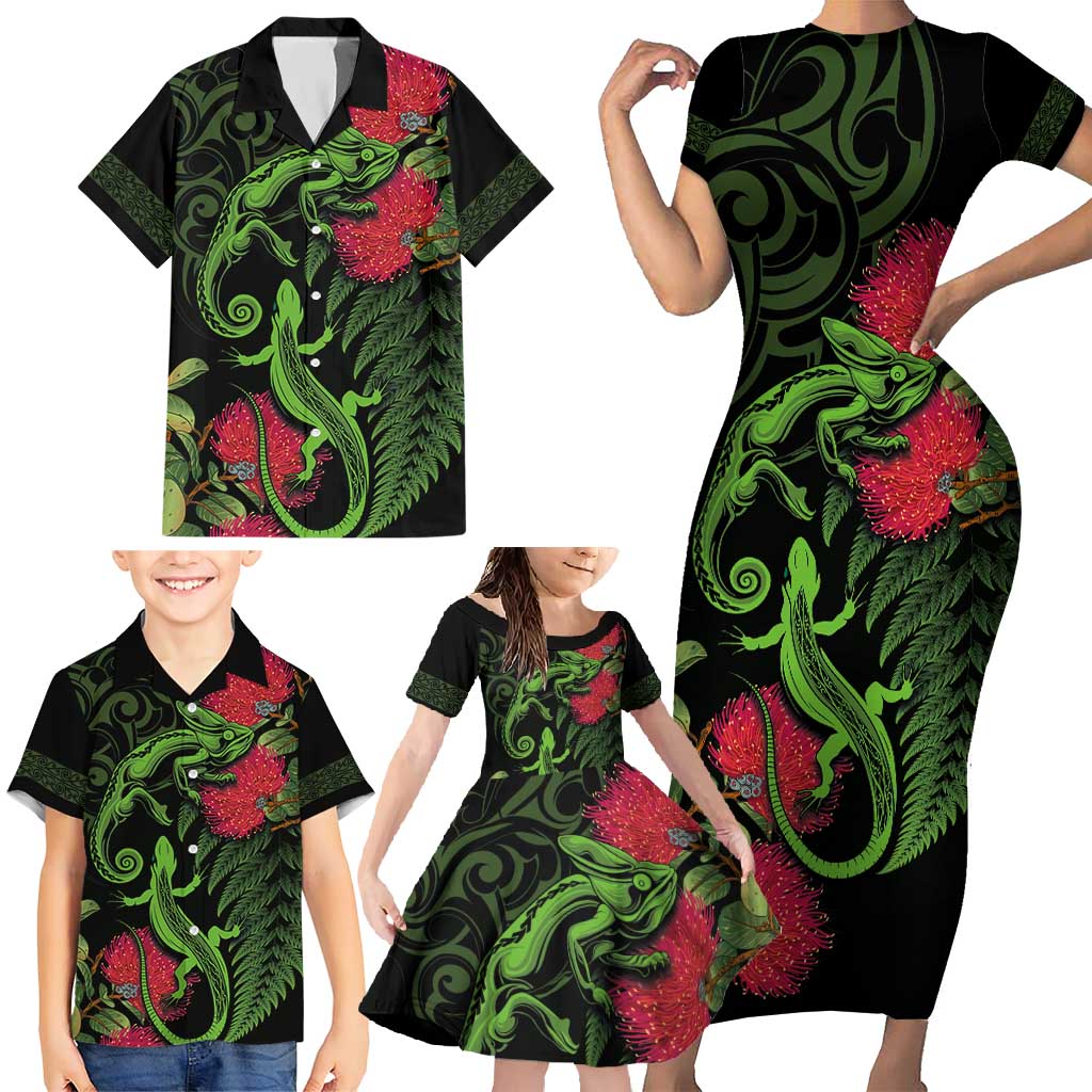 New Zealand Chameleon and Gecko Family Matching Short Sleeve Bodycon Dress and Hawaiian Shirt Maori Silver Fern and Pohutukawa Decoration LT03 - Polynesian Pride