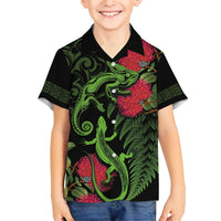 New Zealand Chameleon and Gecko Family Matching Short Sleeve Bodycon Dress and Hawaiian Shirt Maori Silver Fern and Pohutukawa Decoration LT03 Son's Shirt Green - Polynesian Pride