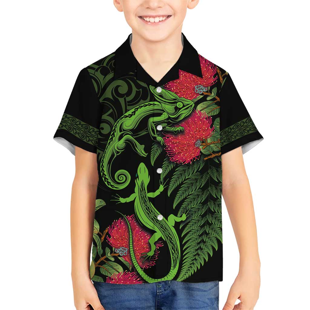 New Zealand Chameleon and Gecko Family Matching Summer Maxi Dress and Hawaiian Shirt Maori Silver Fern and Pohutukawa Decoration