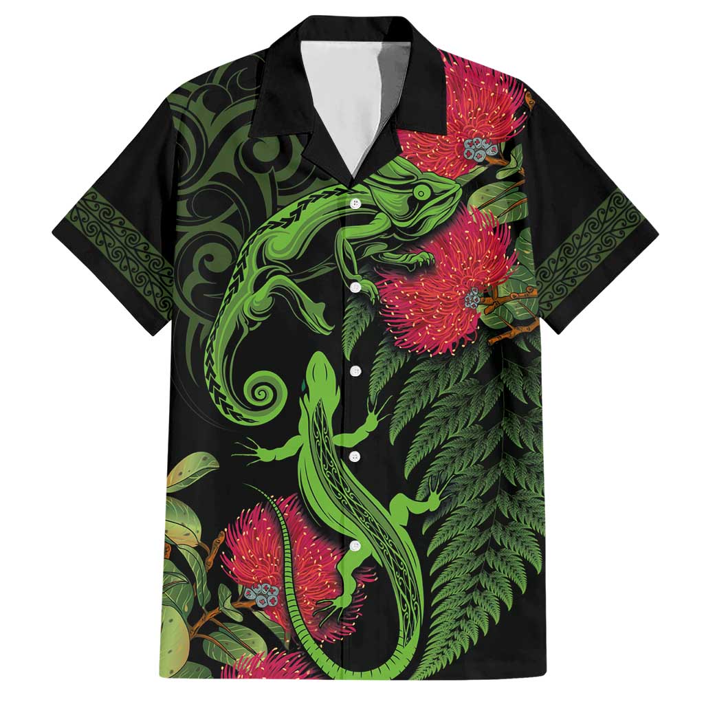 New Zealand Chameleon and Gecko Hawaiian Shirt Maori Silver Fern and Pohutukawa Decoration