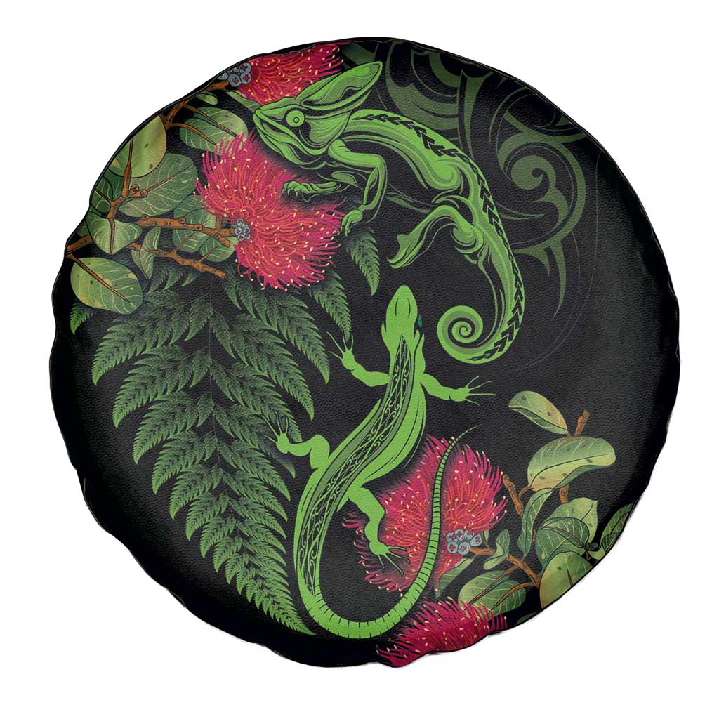 New Zealand Chameleon and Gecko Spare Tire Cover Maori Silver Fern and Pohutukawa Decoration