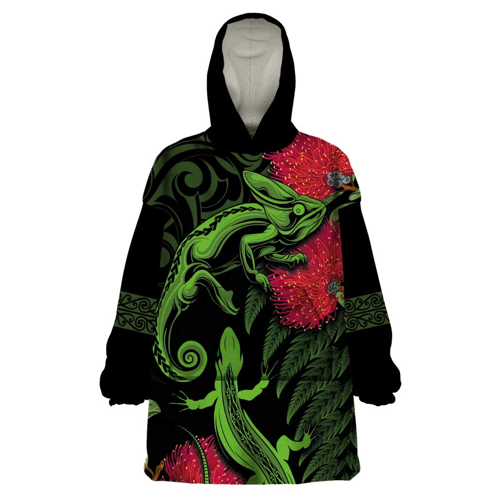 New Zealand Chameleon and Gecko Wearable Blanket Hoodie Maori Silver Fern and Pohutukawa Decoration