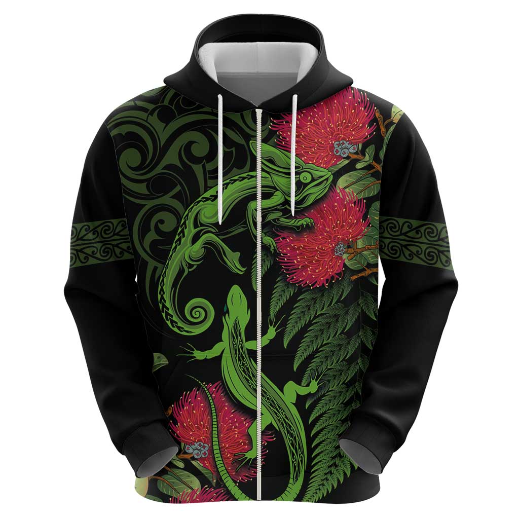New Zealand Chameleon and Gecko Zip Hoodie Maori Silver Fern and Pohutukawa Decoration LT03 - Polynesian Pride