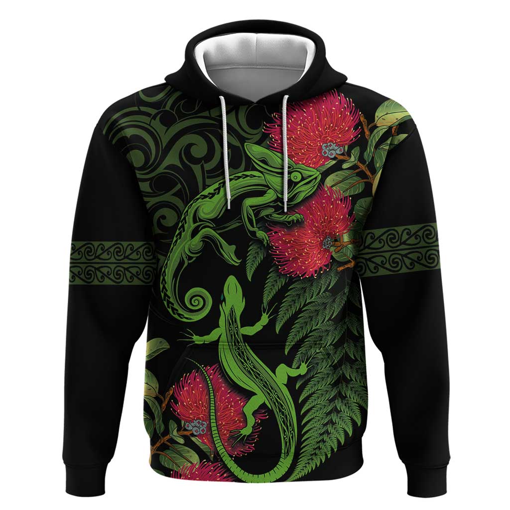 New Zealand Chameleon and Gecko Zip Hoodie Maori Silver Fern and Pohutukawa Decoration LT03 Pullover Hoodie Green - Polynesian Pride