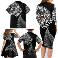 Personalised New Zealand Maori Art Tattoo and Silver Fern Family Matching Long Sleeve Bodycon Dress and Hawaiian Shirt LT03 - Polynesian Pride