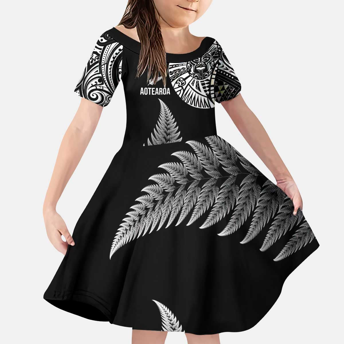 Personalised New Zealand Maori Art Tattoo and Silver Fern Family Matching Puletasi and Hawaiian Shirt LT03 Daughter's Dress Black - Polynesian Pride