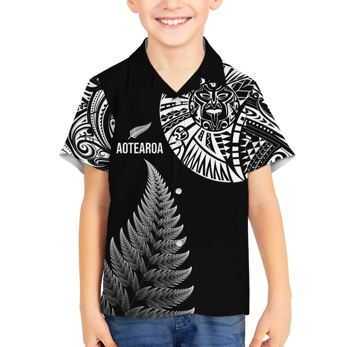 Personalised New Zealand Maori Art Tattoo and Silver Fern Family Matching Puletasi and Hawaiian Shirt LT03 Son's Shirt Black - Polynesian Pride