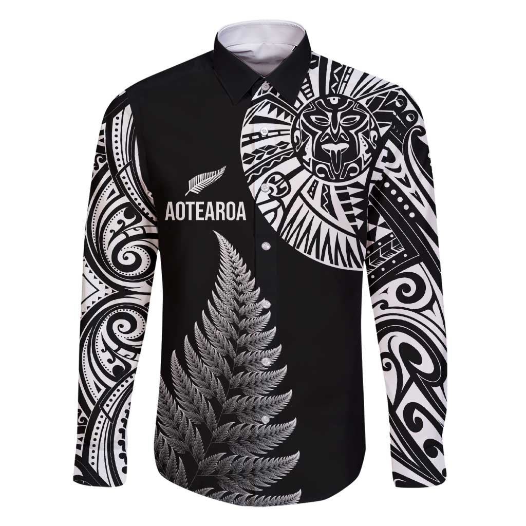 Personalised New Zealand Maori Art Tattoo and Silver Fern Family Matching Short Sleeve Bodycon Dress and Hawaiian Shirt LT03 Dad's Shirt - Long Sleeve Black - Polynesian Pride