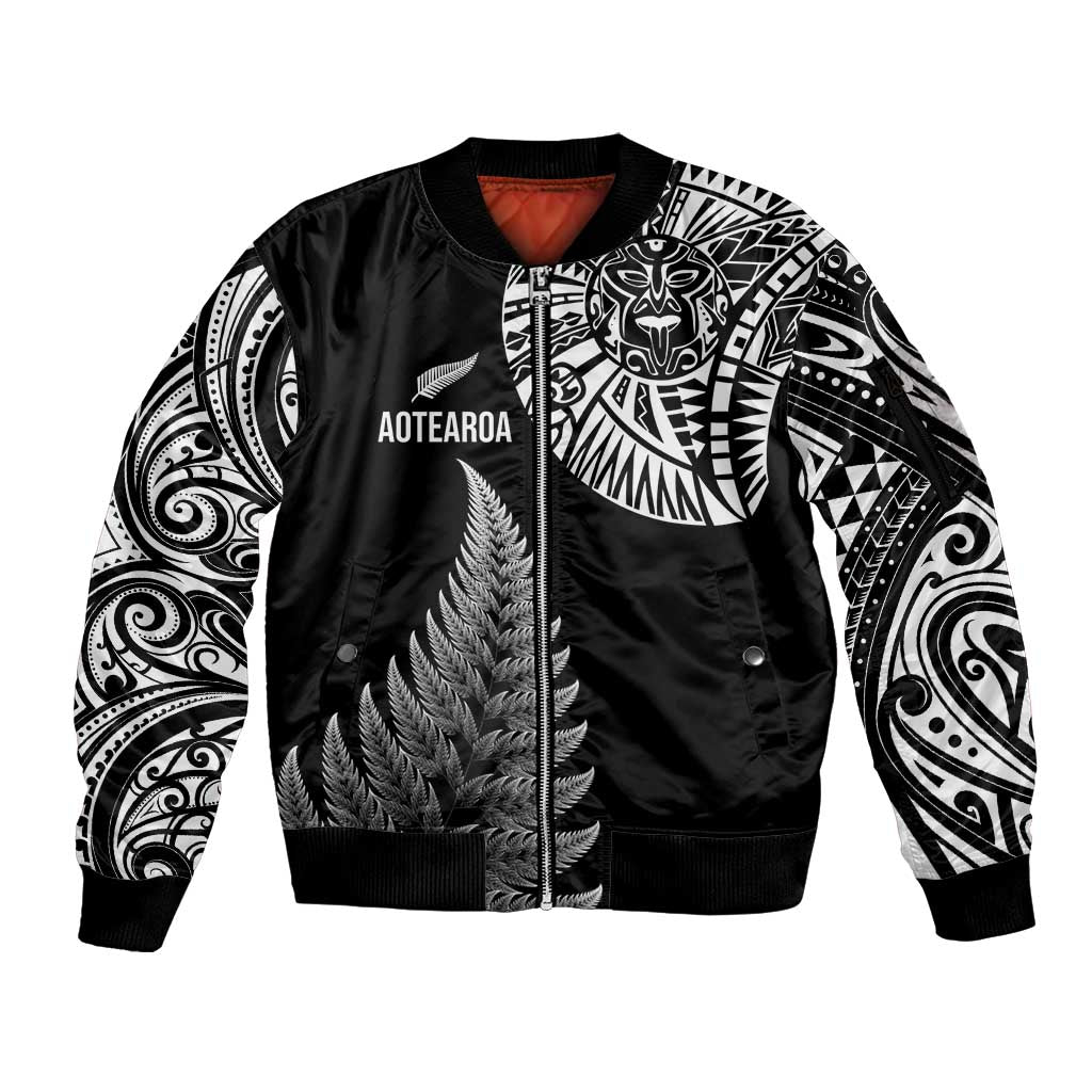 Personalised New Zealand Maori Art Tattoo and Silver Fern Sleeve Zip Bomber Jacket