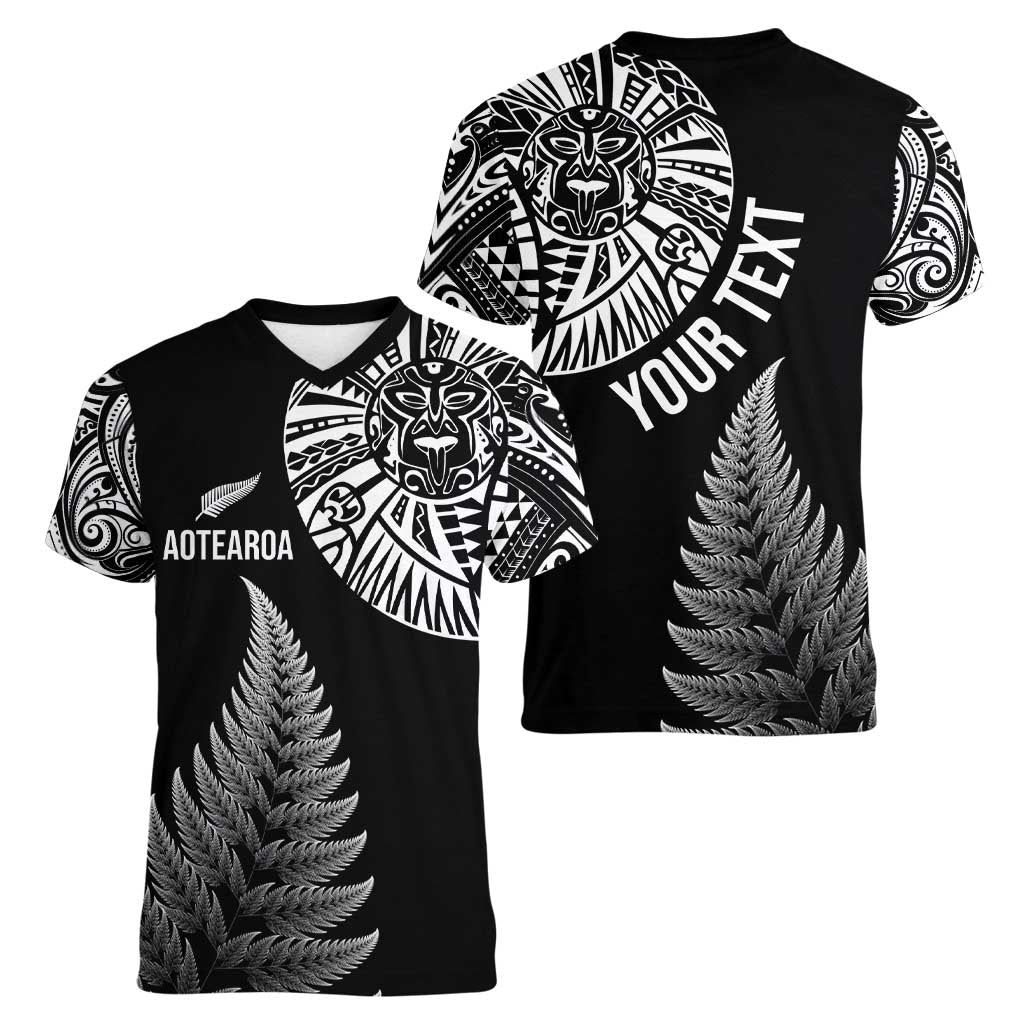 Personalised New Zealand Maori Art Tattoo and Silver Fern Women V-Neck T-Shirt LT03 - Polynesian Pride