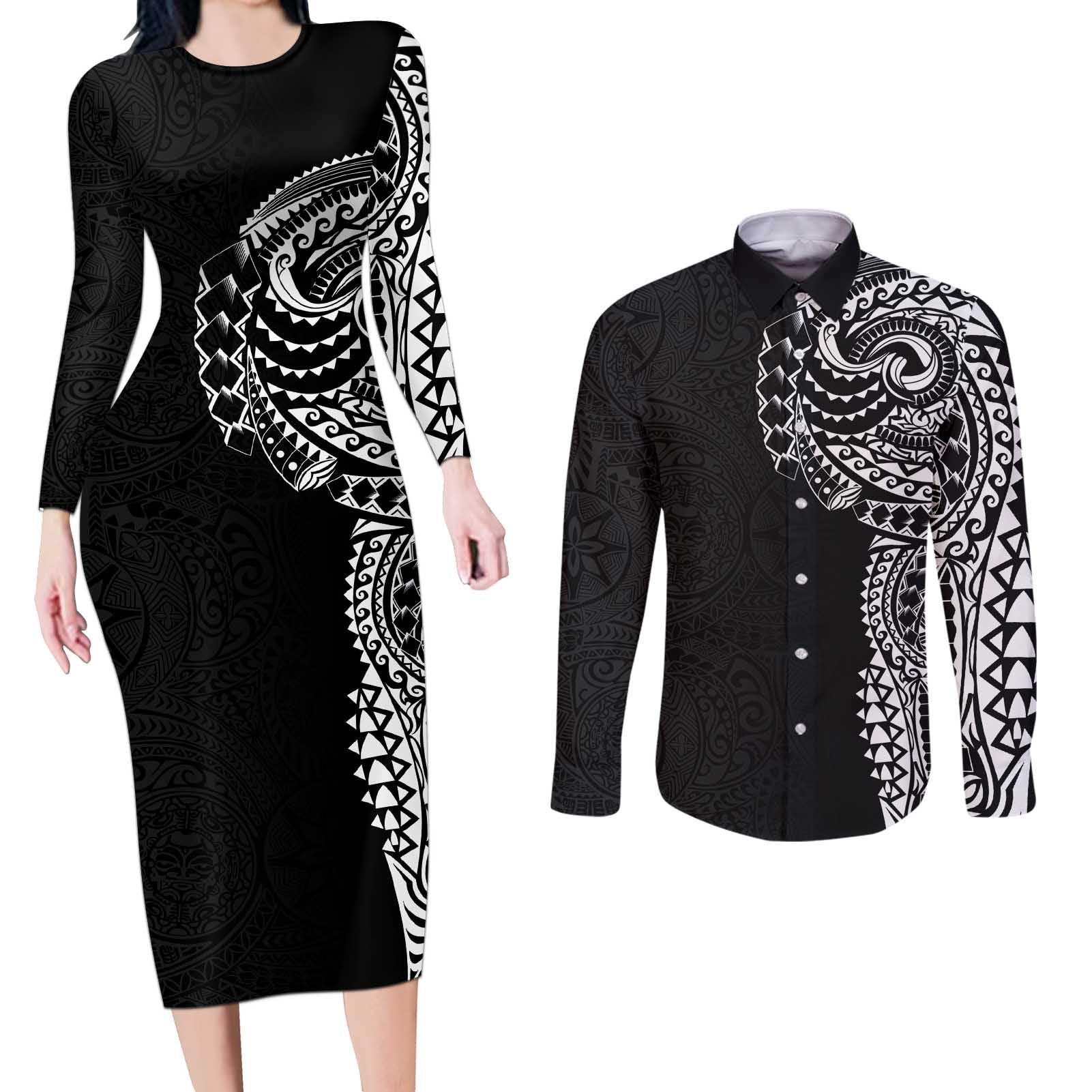 Polynesian Art Traditional Tattoo Pattern Couples Matching Long Sleeve Bodycon Dress and Long Sleeve Button Shirt