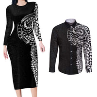 Polynesian Art Traditional Tattoo Pattern Couples Matching Long Sleeve Bodycon Dress and Long Sleeve Button Shirt