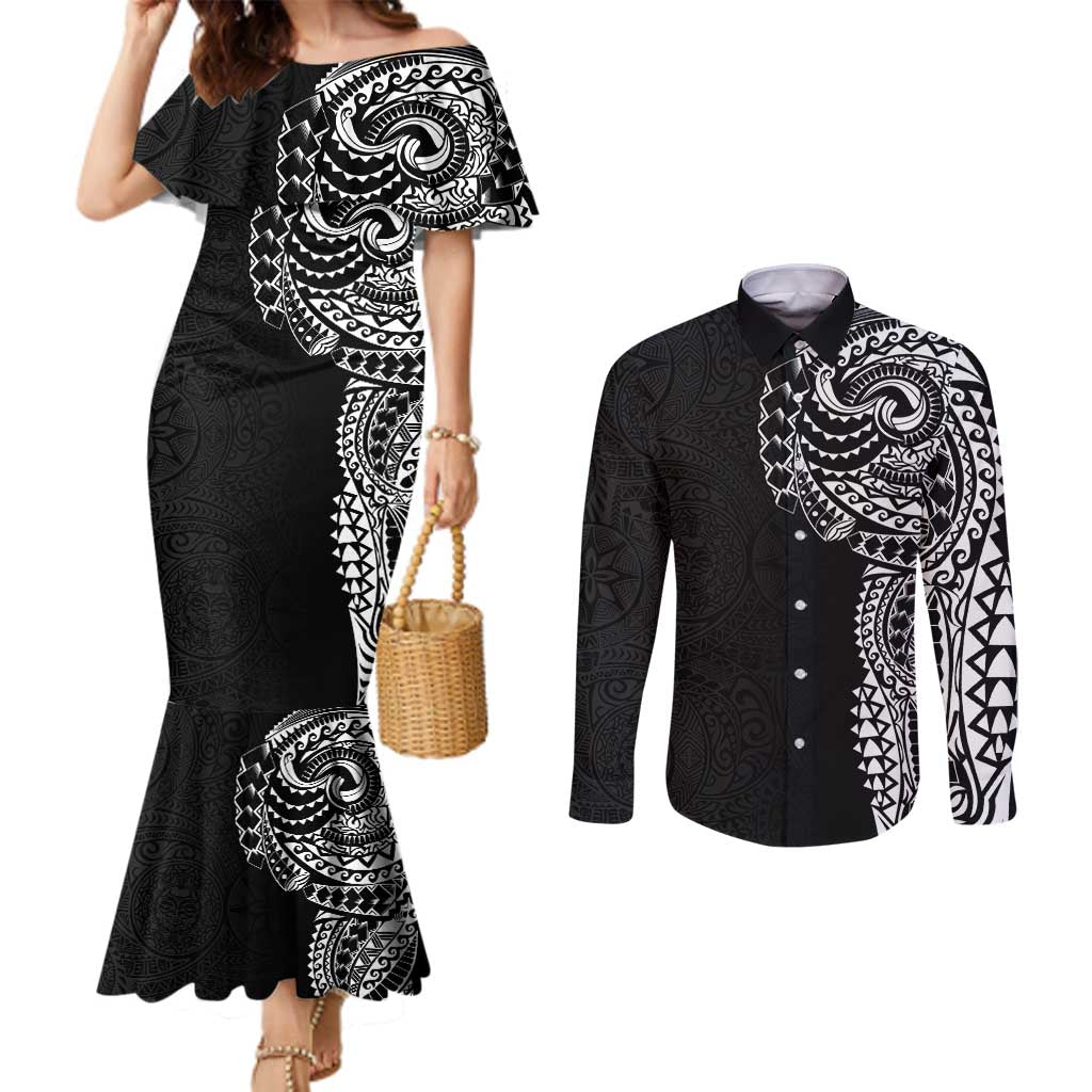 Polynesian Art Traditional Tattoo Pattern Couples Matching Mermaid Dress and Long Sleeve Button Shirt