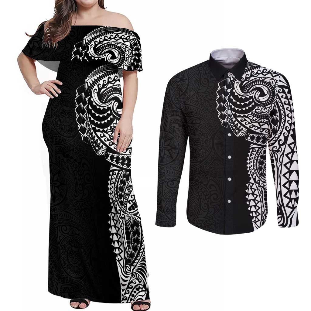 Polynesian Art Traditional Tattoo Pattern Couples Matching Off Shoulder Maxi Dress and Long Sleeve Button Shirt