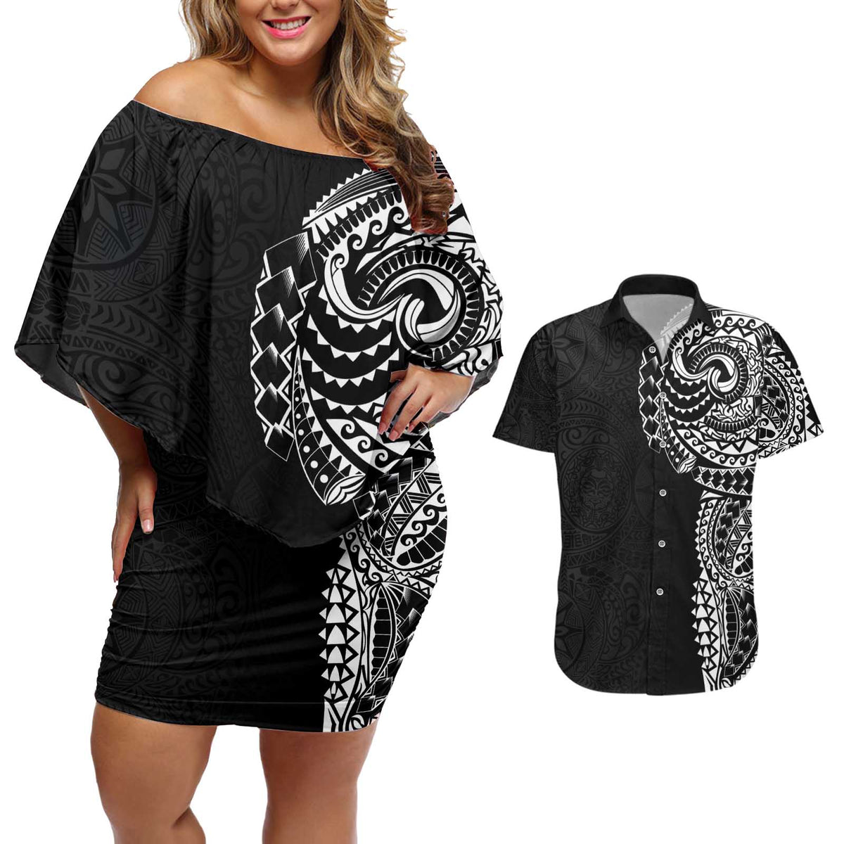 Polynesian Art Traditional Tattoo Pattern Couples Matching Off Shoulder Short Dress and Hawaiian Shirt