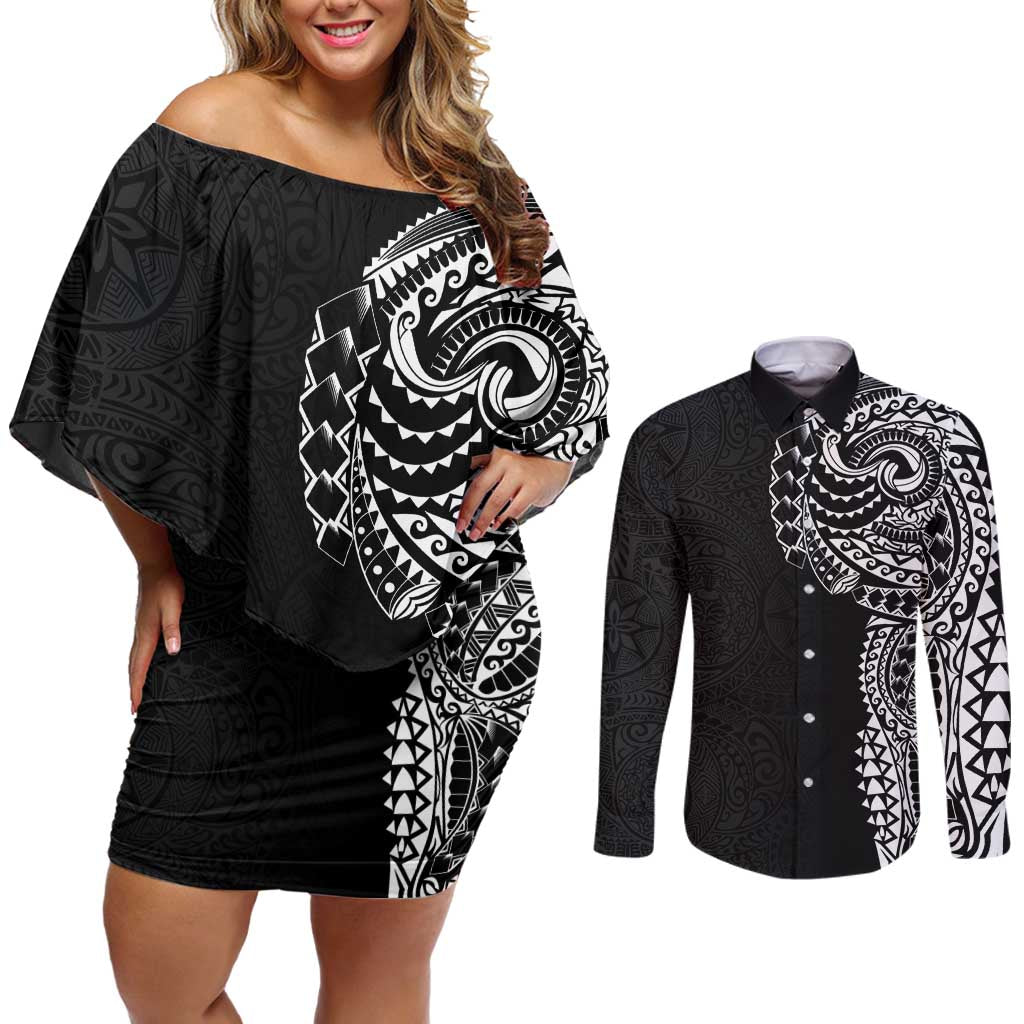 Polynesian Art Traditional Tattoo Pattern Couples Matching Off Shoulder Short Dress and Long Sleeve Button Shirt