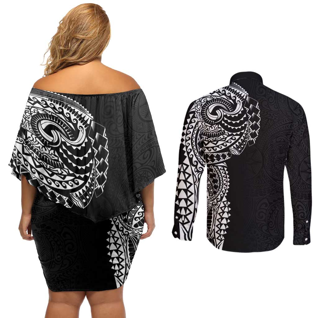 Polynesian Art Traditional Tattoo Pattern Couples Matching Off Shoulder Short Dress and Long Sleeve Button Shirt
