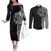 Polynesian Art Traditional Tattoo Pattern Couples Matching Off The Shoulder Long Sleeve Dress and Long Sleeve Button Shirt LT03 Black - Polynesian Pride
