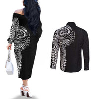 Polynesian Art Traditional Tattoo Pattern Couples Matching Off The Shoulder Long Sleeve Dress and Long Sleeve Button Shirt LT03 - Polynesian Pride