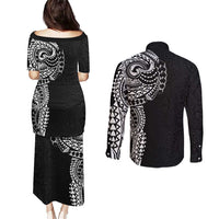 Polynesian Art Traditional Tattoo Pattern Couples Matching Puletasi and Long Sleeve Button Shirt