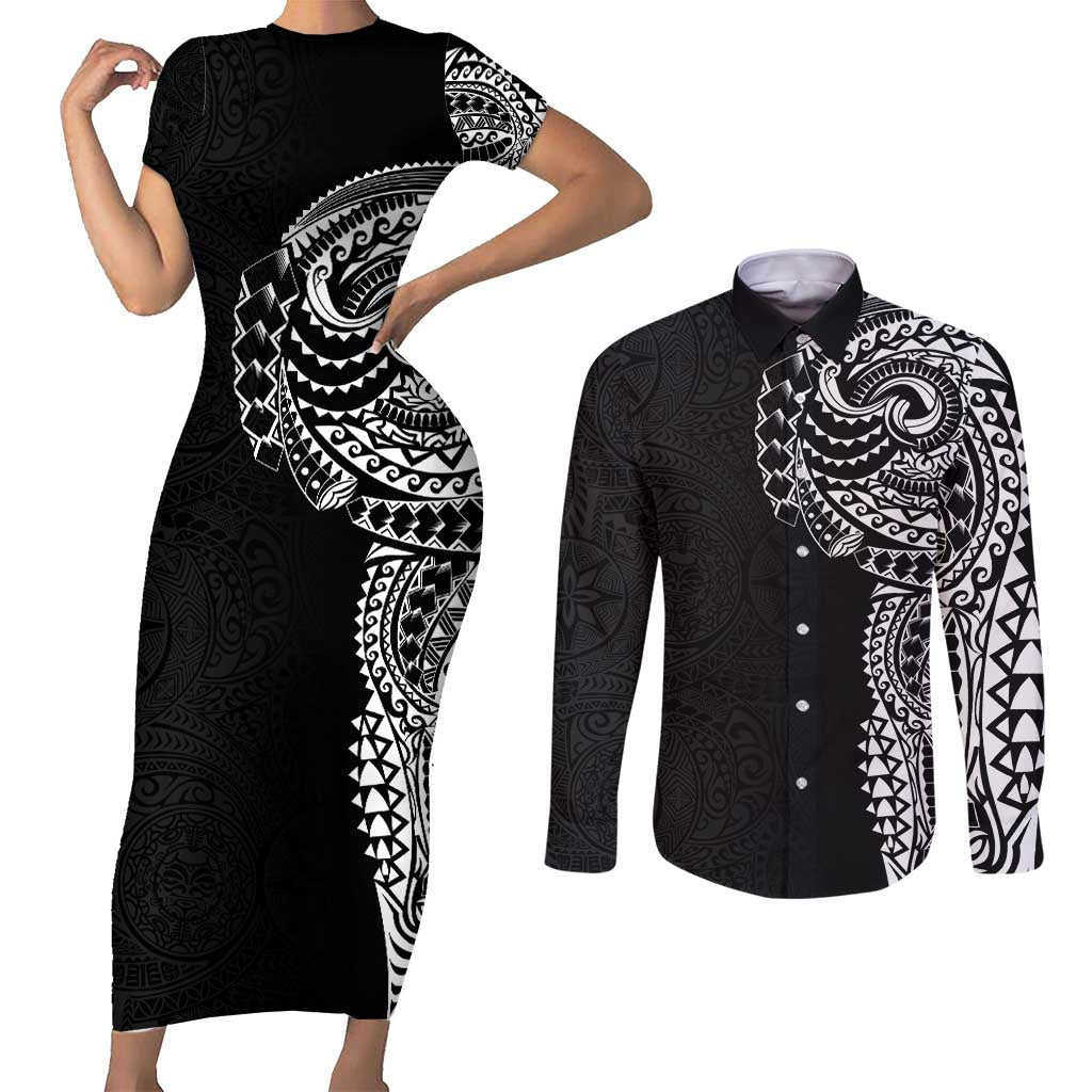 Polynesian Art Traditional Tattoo Pattern Couples Matching Short Sleeve Bodycon Dress and Long Sleeve Button Shirt