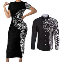 Polynesian Art Traditional Tattoo Pattern Couples Matching Short Sleeve Bodycon Dress and Long Sleeve Button Shirt