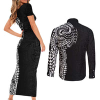 Polynesian Art Traditional Tattoo Pattern Couples Matching Short Sleeve Bodycon Dress and Long Sleeve Button Shirt
