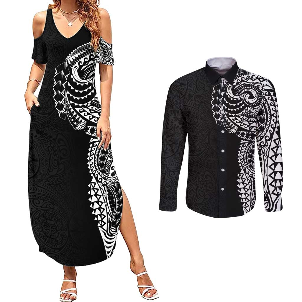 Polynesian Art Traditional Tattoo Pattern Couples Matching Summer Maxi Dress and Long Sleeve Button Shirt