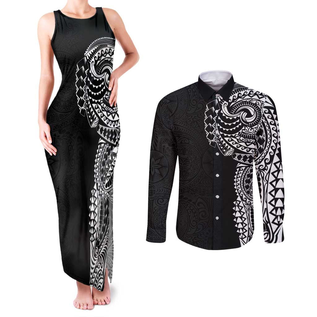 Polynesian Art Traditional Tattoo Pattern Couples Matching Tank Maxi Dress and Long Sleeve Button Shirt